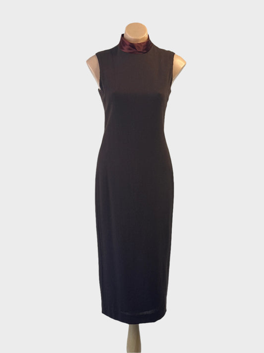 Designer Carla Zampatti tube dress in brown with satin collar and back vent for office or special events wear.