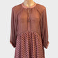 Catherine Murphy boho style smock top in pink and grey stylised fan print with guipure lace inserts for smart casual or resort wear.
