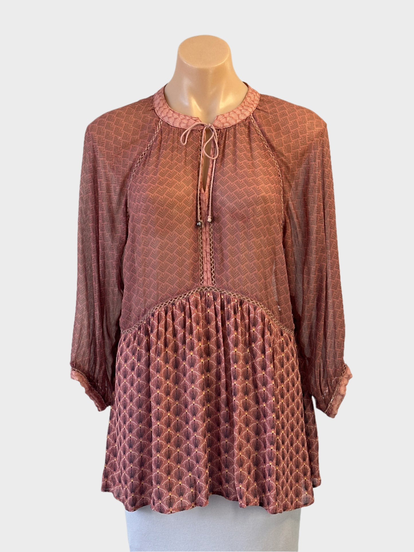 Catherine Murphy boho style smock top in pink and grey stylised fan print with guipure lace inserts for smart casual or resort wear.