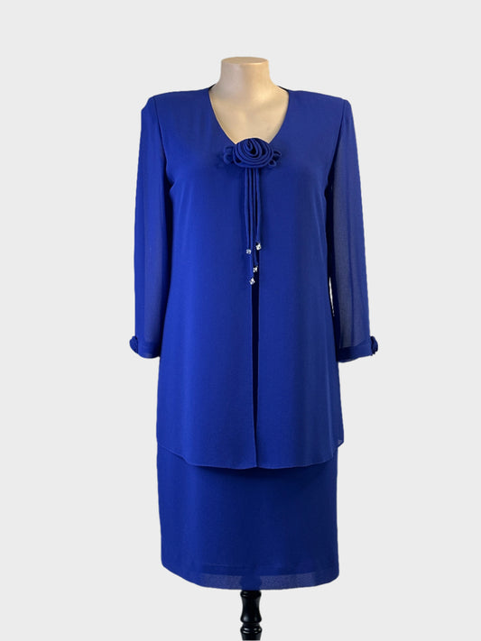 Designer Cattiva vintage 80’s royal blue shift dress with rosette detailing and sheer long sleeves for special events