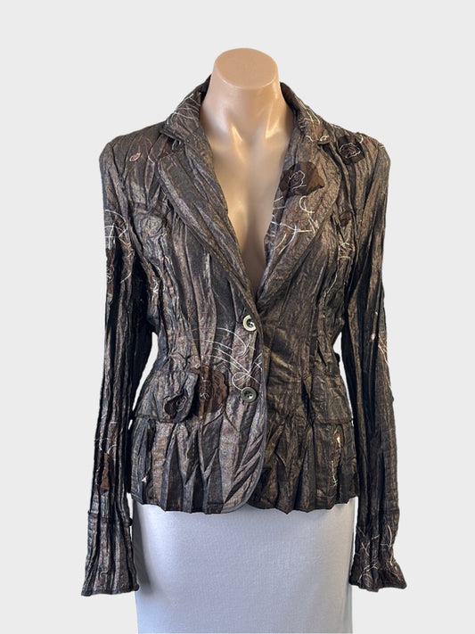 Celeste M single breasted brown jacket in metallic crinkle weave with appliqué flowers for evening or special events.