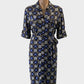 Charter Club shirt dress in brown and blue quatrefoil print with waist sash for office wear.