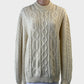 Classic cream long line cable knit sweater with crew neck and rib trim for smart casual wear.