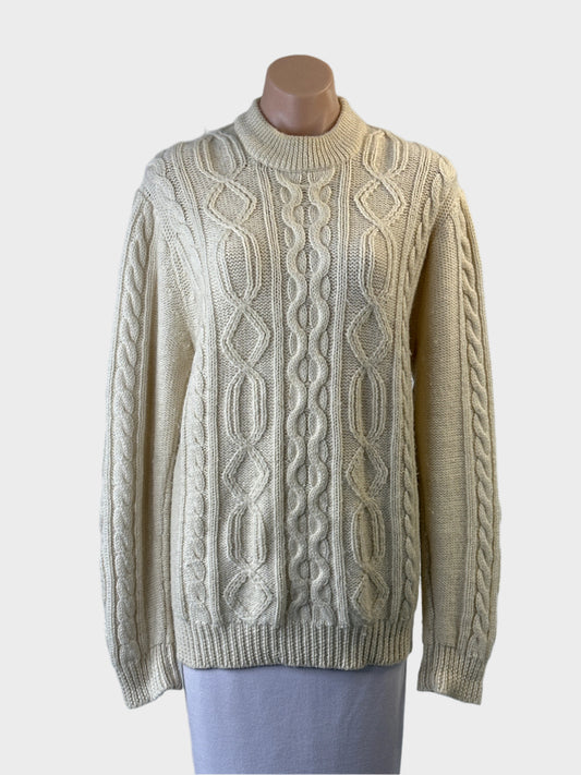 Classic cream long line cable knit sweater with crew neck and rib trim for smart casual wear.