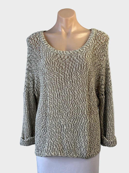 Cleo + Billabong taupe and ivory sweater with scoop neck, variegated rib knit, open side panels for smart casual wear