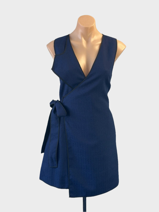 Designer C/MEO Collective wrap dress in navy blue with contrasting trim for office or smart casual wear.