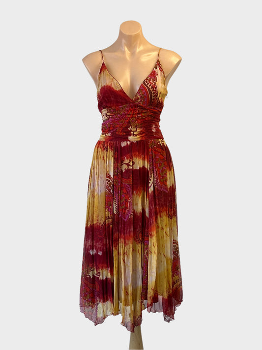 Cooper St A-line dress in red and yellow paisley print with spaghetti straps for special events or resort wear.