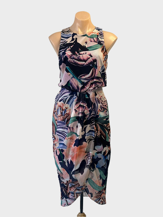 Cooper St blouson dress in blue and pink with round neck and tulip skirt for special events or evening wear.