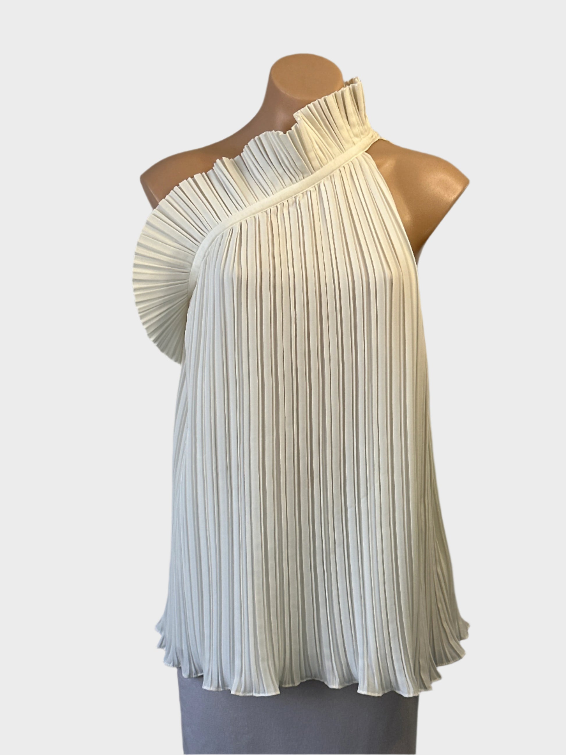 Cooper St one shoulder top in white with frill collar and pleated fabric for special events or formal wear.