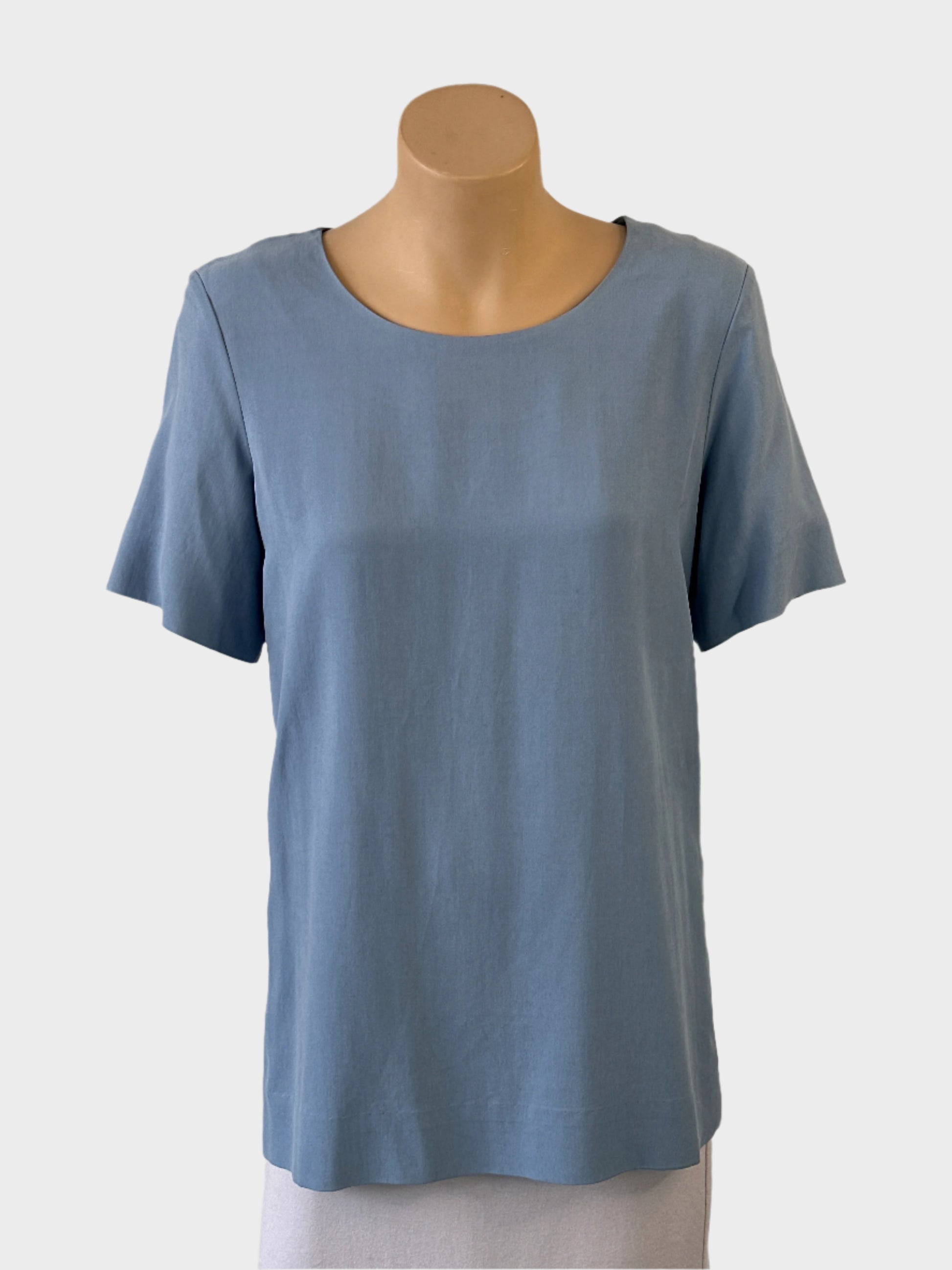 COS classic top in blue charmeuse silk with scoop neck and short sleeves for office or smart casual wear.