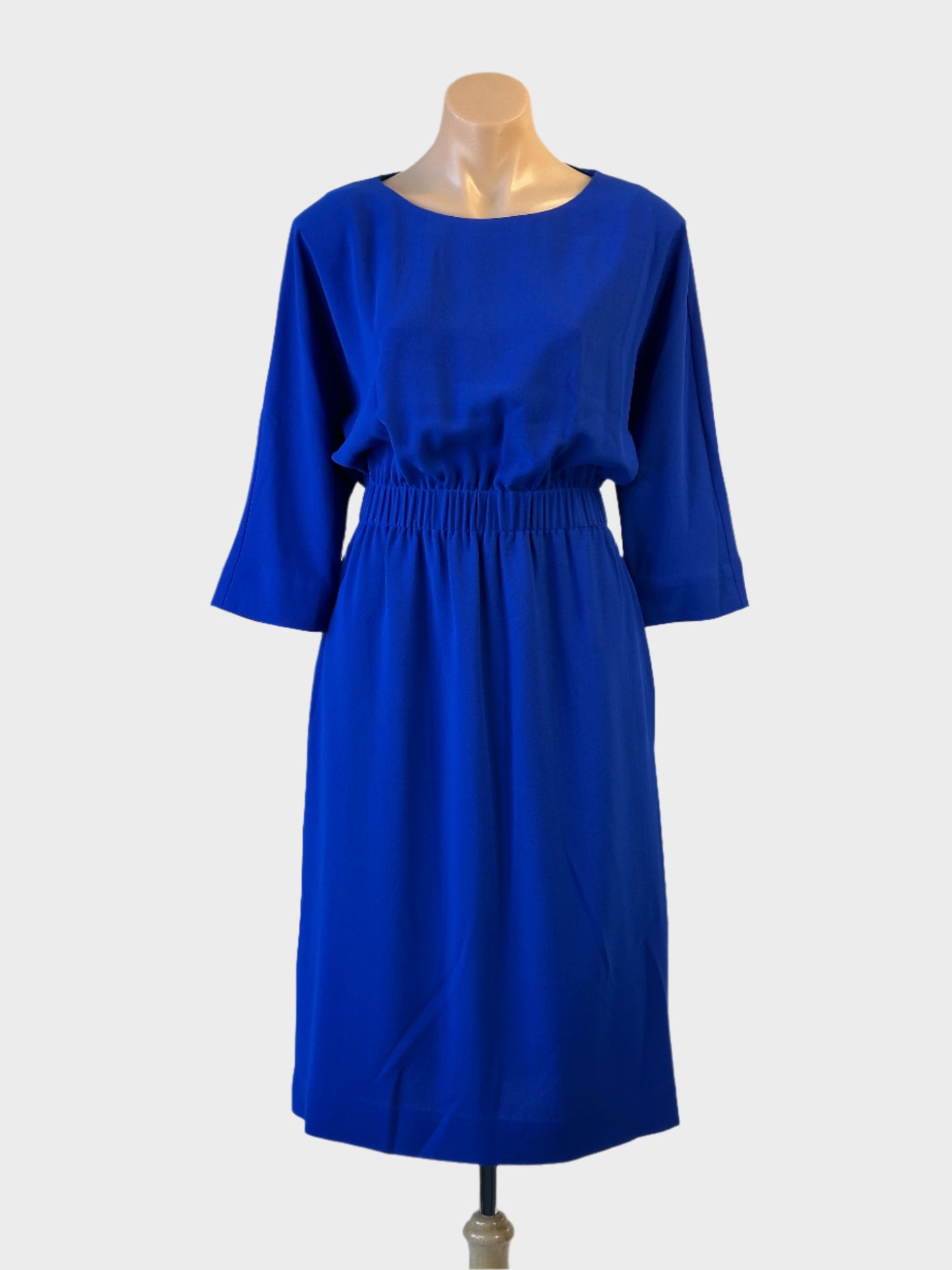 COS blouson dress in cobalt blue with round neck, three quarter dolman sleeves and garterised waist for office or smart casual wear.