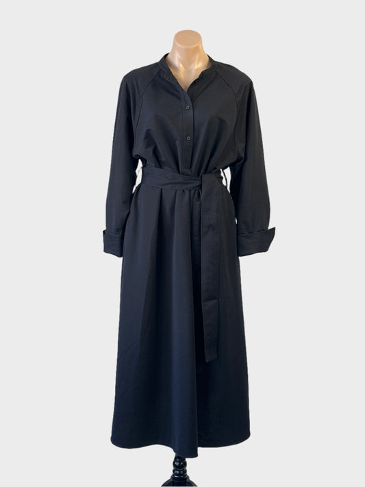 COS black cotton blend shirt dress with band collar, long raglan sleeves, sash waist and straight skirt for office or smart casual