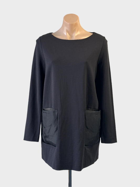 COS black Ponte Roma jersey dress with bateau neck and satin patch pockets for office or smart casual wear.