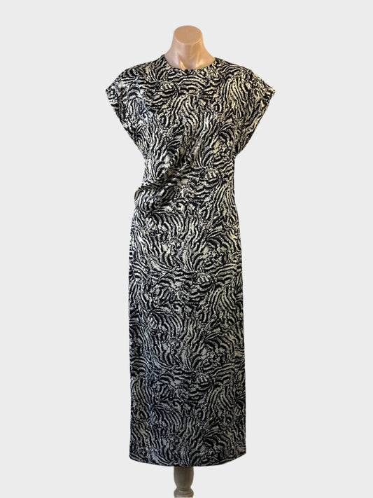 COS dress in cream and black abstract animal print with cap sleeves and gathered waist for evening or special events wear.