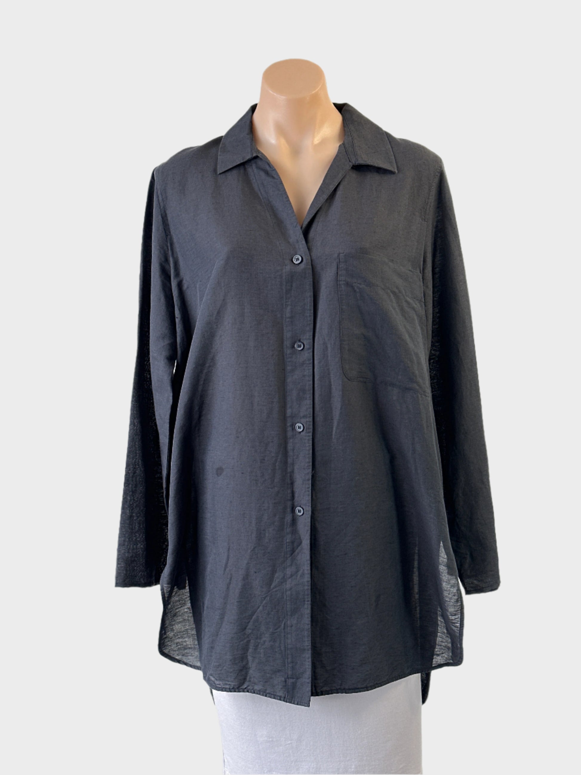COS oversized shirt in grey textured linen with pleated back and shirt tail hem for office or smart casual wear.