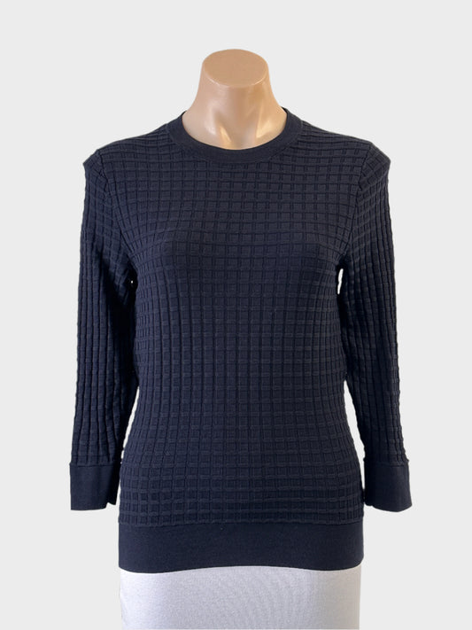 COS sweater in navy blue waffle weave cotton with rib trim and hip band for office or smart casual wear.
