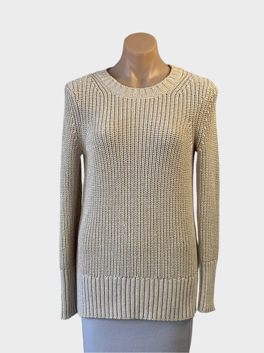 Country Road beige pearlescent knit sweater with rib trim and crew neck for smart casual wear.
