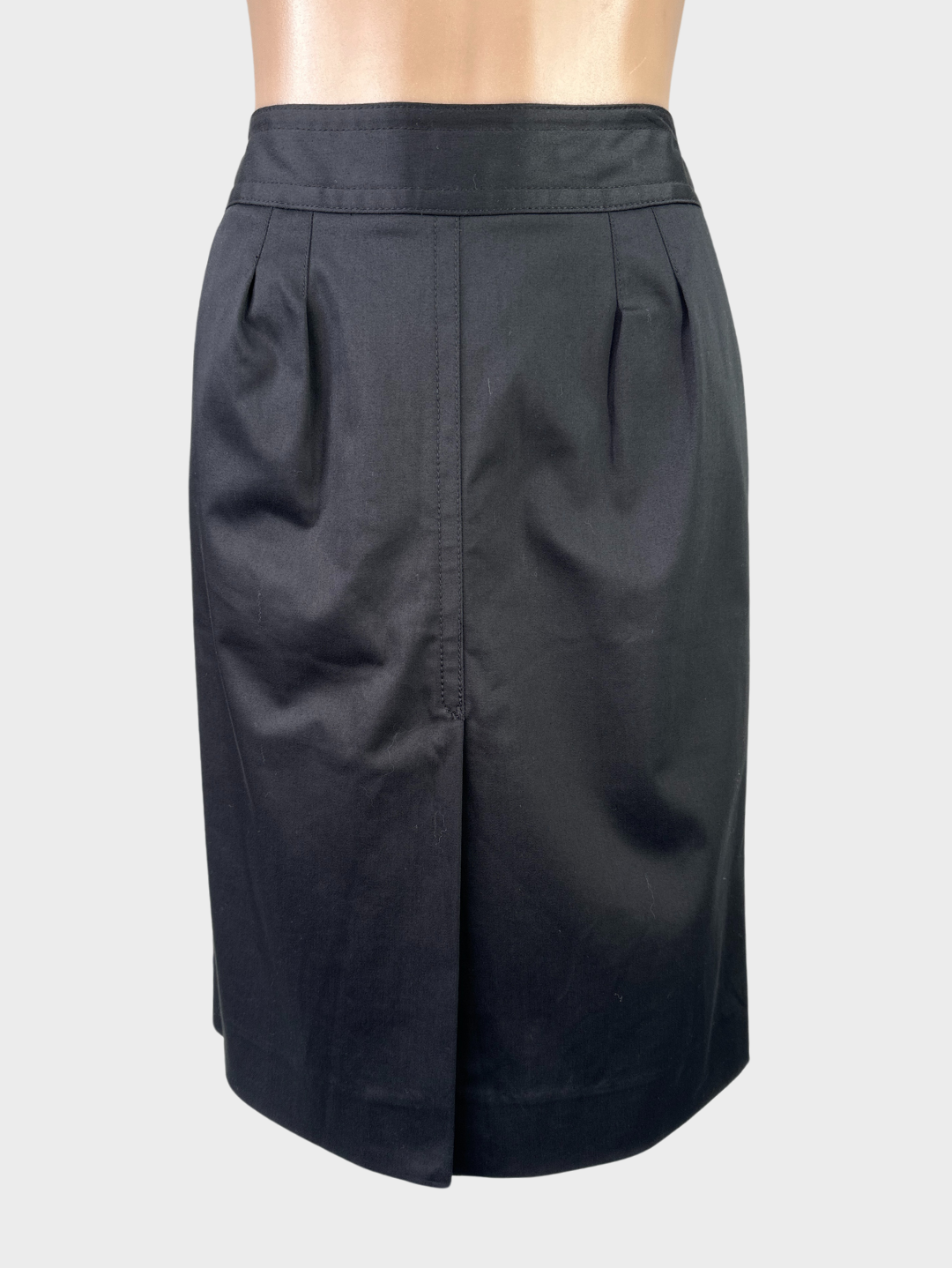 Country Road black straight skirt in cotton twill with pleated waist, slash pockets, and front vent for office wear.