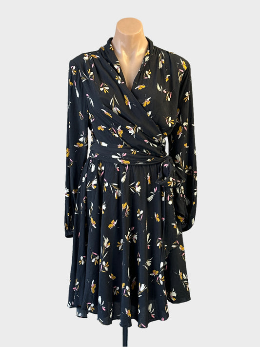 Country Road black and yellow crepe floral print wrap dress with tulip skirt for office or smart casual wear.