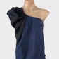 Designer Country Road blue and black one shoulder top in silk satin, with draped front, and pleated shoulder strap for formal wear.