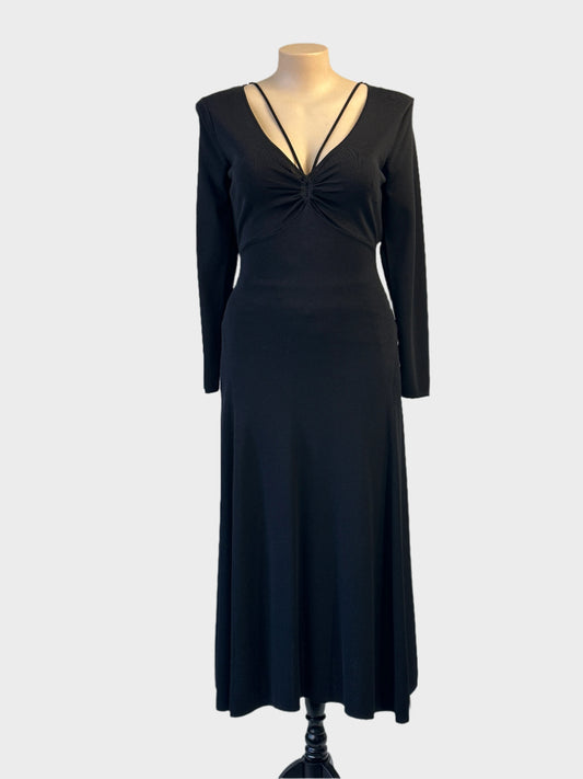 Country Road empire waist gown in black rib knit with ruched v-neck for evening wear.