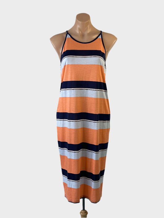 Country Road orange and navy sleeveless singlet dress in jersey with cabana stripes, contrasting trim, racer back and straight skirt for smart casual wear.