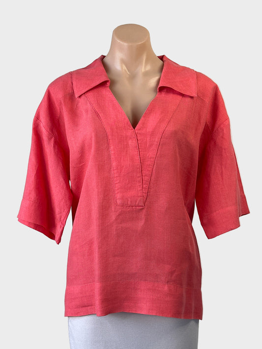 Country Road coral linen top with Johnny collar, deep v-neck, elbow sleeves and notched hem for smart casual or office wear.