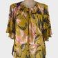Country Road top in yellow sheer crepe with floral print, notched neck, flounce cuffs and pleated back for office wear or smart casual.