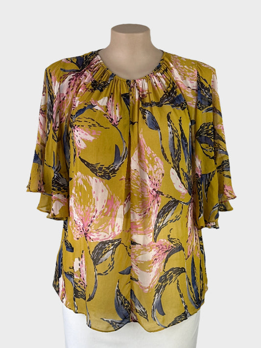 Country Road top in yellow sheer crepe with floral print, notched neck, flounce cuffs and pleated back for office wear or smart casual.