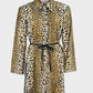 Covers vintage 90’s golden tan faux fur coat with leopard print, leather waist tie and zip front for evening or special events