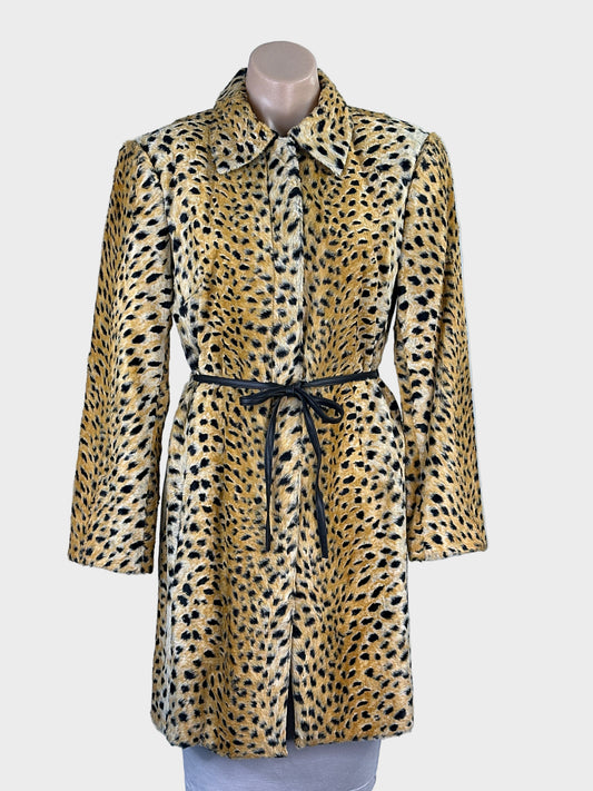 Covers vintage 90’s golden tan faux fur coat with leopard print, leather waist tie and zip front for evening or special events