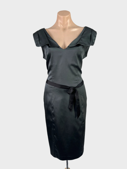 Cue retro 40's style sheath dress in grey satin, with a pleated collar, and pencil skirt for evening wear.