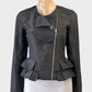 Cue retro 80’s black jacket with decorative buttons, exposed zip cuffs and tiered pleated peplum for evening wear