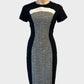 Cue shift dress in black and white with textured front panels and back vent for office or evening wear.