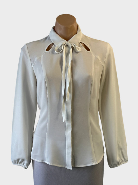 Cue ivory shirt in crepe with keyhole neckline, string tie and long raglan sleeves for office wear.