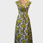 Custom made vintage 60's sleeveless A-line dress in yellow and grey yellow roses print for smart casual or special events wear.