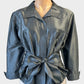 Designer daronne naturelle shirt in grey dupioni silk with tie waist sash for evening or special events wear.
