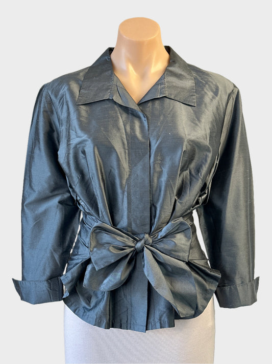 Designer daronne naturelle shirt in grey dupioni silk with tie waist sash for evening or special events wear.