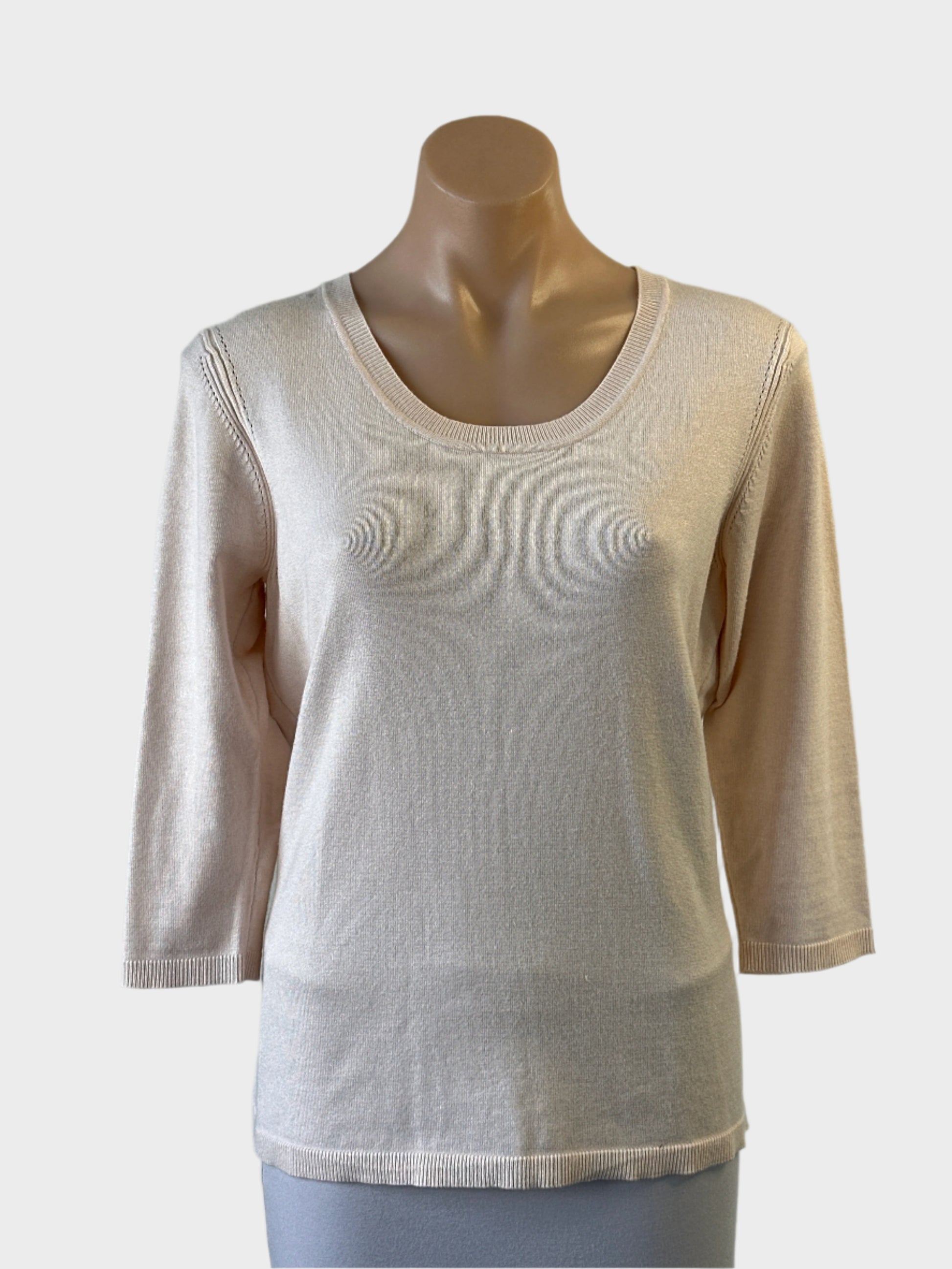 David Jones sweater in pink knit with scoop neck and decorative seams for office or smart casual wear.