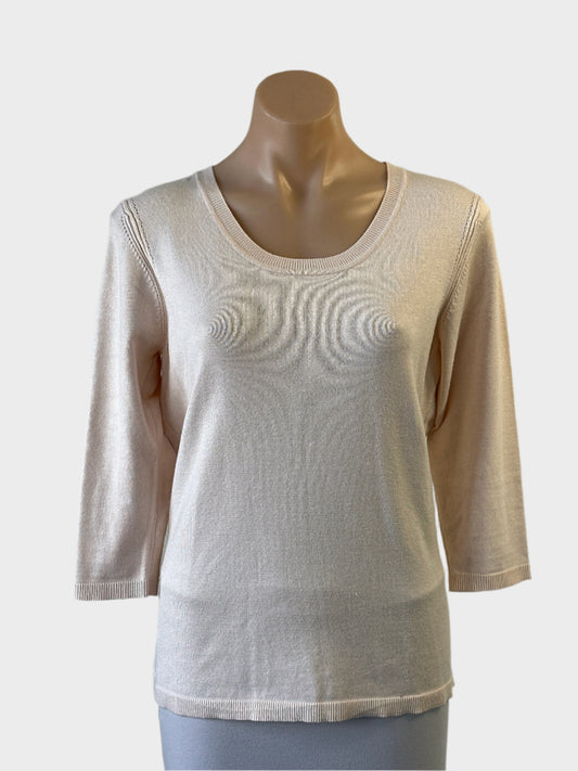 David Jones sweater in pink knit with scoop neck and decorative seams for office or smart casual wear.