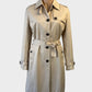 David Lawrence beige gabardine classic trench coat with storm flaps and flap pockets for office or smart casual wear.