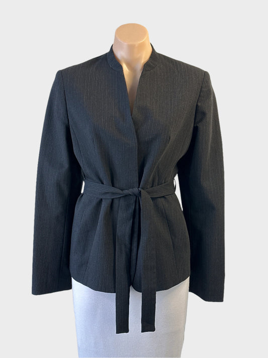 David Lawrence cardigan jacket in grey pinstripe wool with sash waist for office wear.