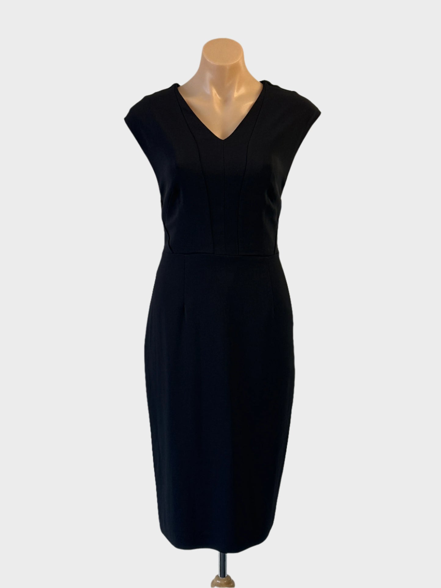 David Lawrence classic sleeveless sheath dress in black with decorative neckline insert for office or evening wear.