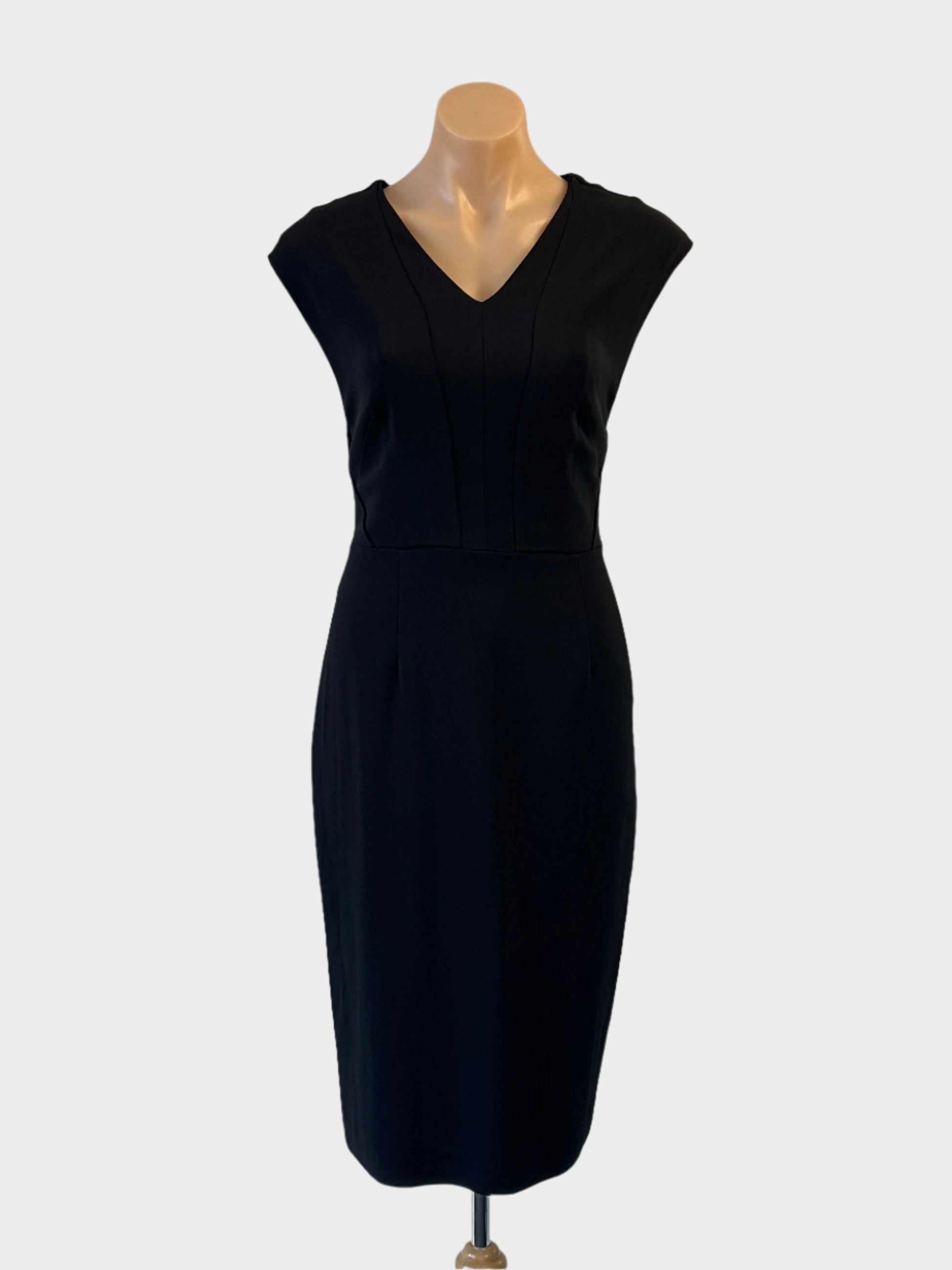 David Lawrence classic sleeveless sheath dress in black with decorative neckline insert for office or evening wear.