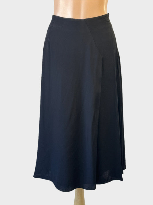 zDavid Lawrence flared skirt in black with overlapping front panel and contour waist for office or evening wear.