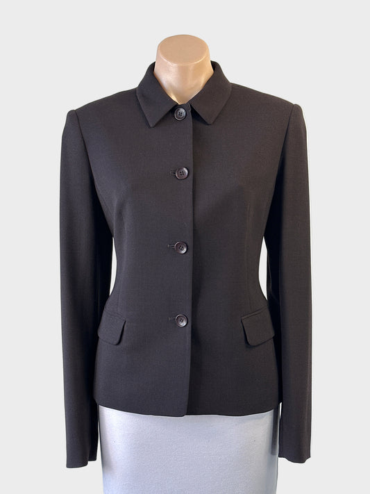 David Lawrence dark brown wool blend single breasted jacket with four button closure, flap pockets and back vent for office wear