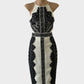 DÉBUT sleeveless sheath dress in cream and black with lace panels, racer back and pencil skirt for evening or special events.