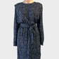 Decjuba blouson dress in navy blue and white speckle print with sash waist for smart casual or office wear.