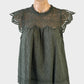 Decjuba top in green guipure lace with sheer yoke, frilled round neck, cap sleeves and keyhole back for smart casual wear.