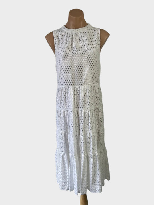 Designer Decjuba white halter neck dress in eyelet cotton with tiered skirt and keyhole back for smart casual or resort wear.